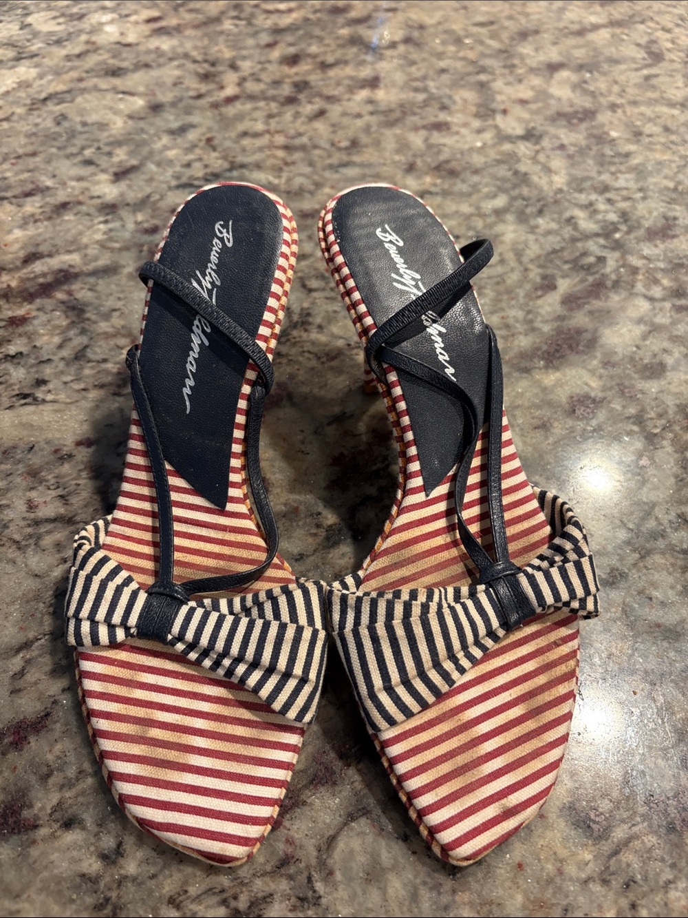 Beverly Feldman Red and Navy Striped Bow Sandals